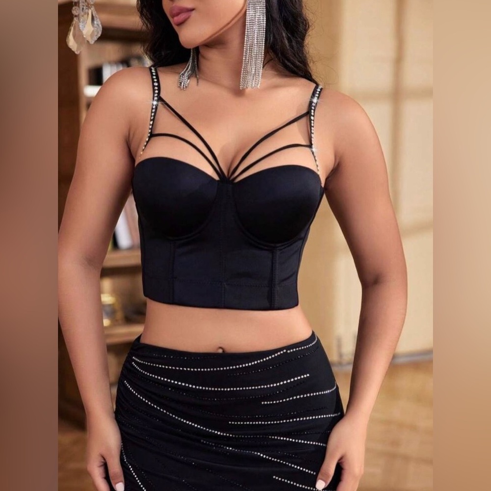 Brand New Black Strappy Embellished Bustier Corset Top
